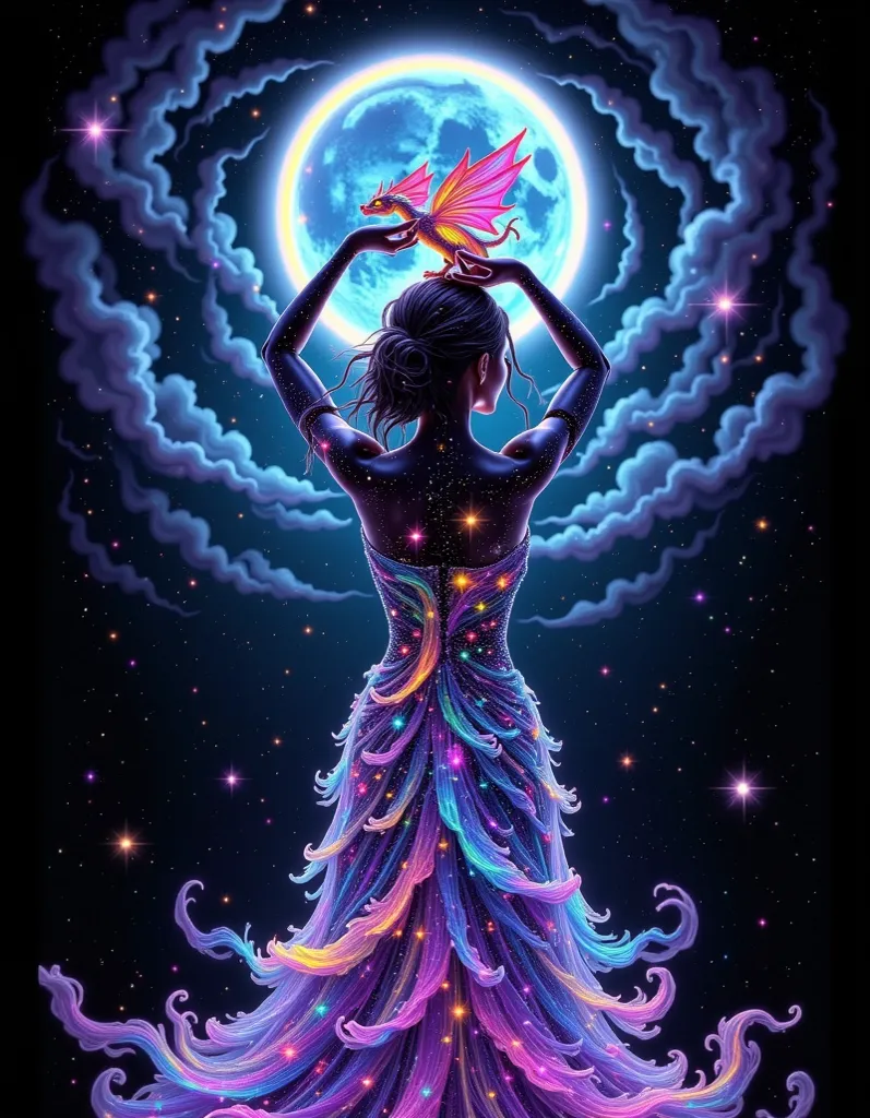 A serene silhouette artwork showing a woman with her arms raised, reaching towards the sky. Her silhouette blends with that of a baby rainbow dragon, perched delicately on her hands, under the glow of a full moon. The background features a star-filled nigh...