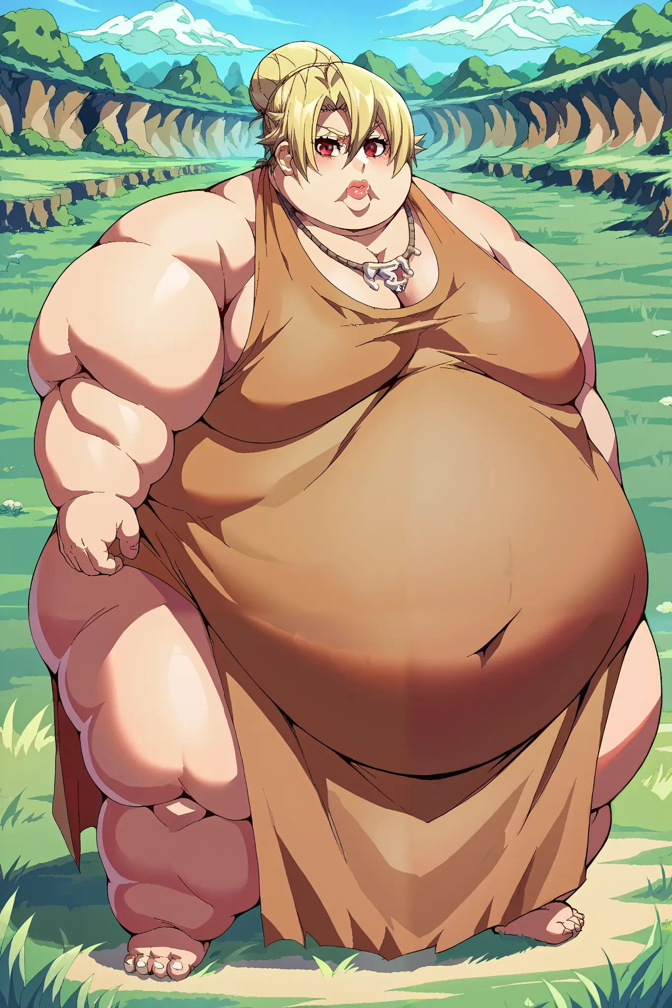 Girl becoming a monster, becoming a troll, fat, chubby, obese, cavewoman, loincloth,bone necklace, score_9, score_8_up, score_7_up, source_anime, angelica, blonde hair, single hair bun, red eyes, big ears, big nose, big lips, 900 pounds, 10 ft tall, hunchb...