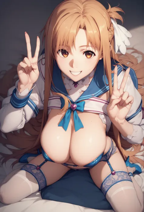  ,    yuuki asuna  　　Big Breasts　 blue sailor suit　miniskirt　in high heels　smile　 nightclub　 peace sign　garter belt