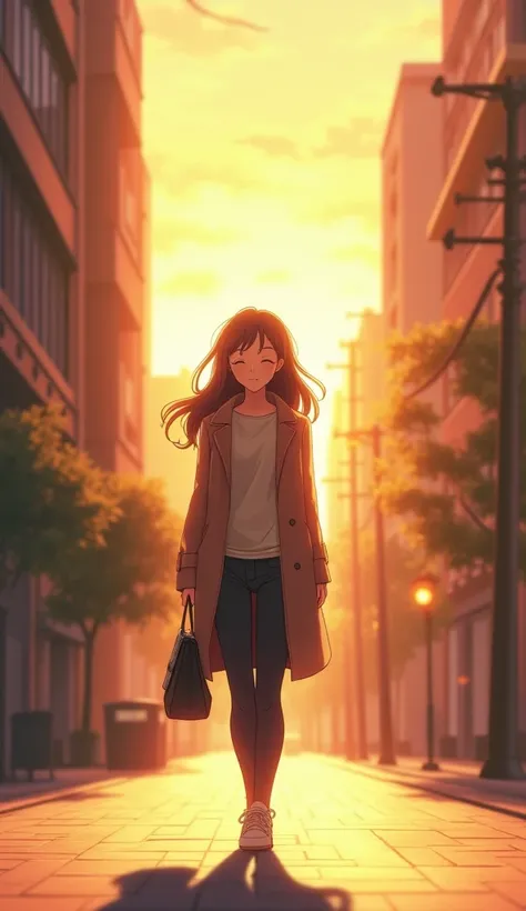 A hopeful anime-style illustration of a 25-year-old woman walking through a quiet city street in the early morning, a soft smile on her lips. She wears a stylish coat and carries a small bag, her posture confident yet relaxed. The golden sunlight filters t...