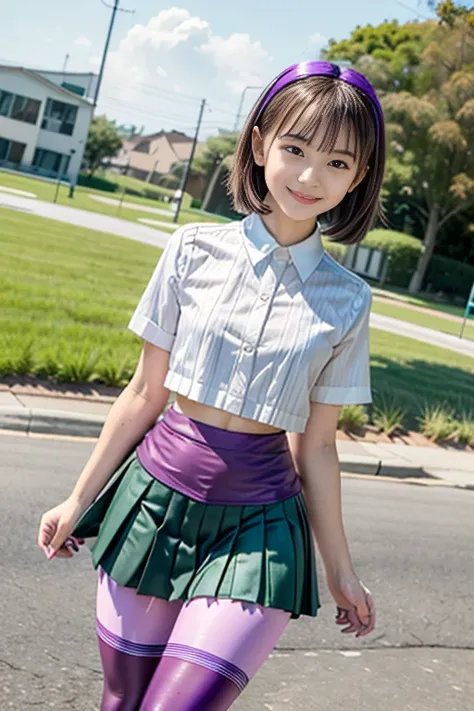 2 girls at school, Walking through school,  (white blouse)、(pleated green purple micro mini skirt uniform:1.3),bangs,smile, ( thighs) , big breast, video viewers, ( low angle:1.2),(colored leggings with horizontal stripes underneath the micro miniskirt:1.3...