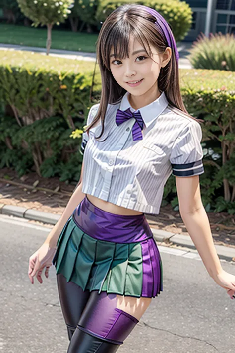 2 girls at school, Walking through school,  (white blouse)、(pleated green purple micro mini skirt uniform:1.3),bangs,smile, ( thighs) , big breast, video viewers, ( low angle:1.2),(colored leggings with horizontal stripes underneath the micro miniskirt:1.3...