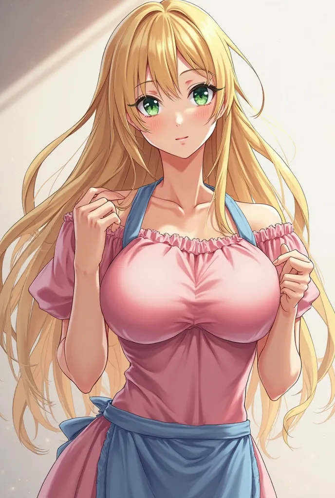 adult female anime character,  with blond hair, emerald green eyes,  wearing a pink dress,  large breasts , sexy, wearing a blue apron.