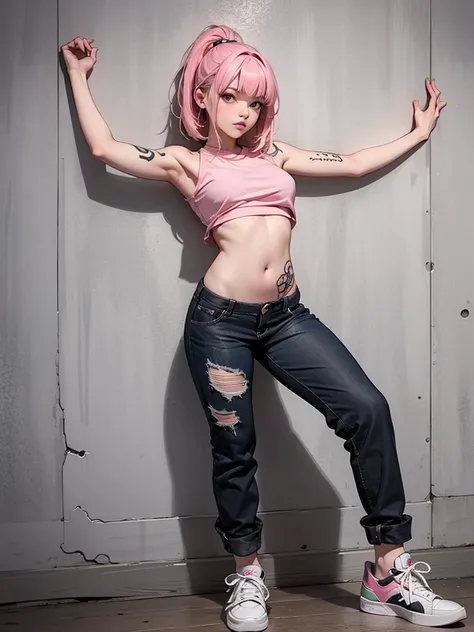 Black girl with pink hair bangs, magriha, With arms back, posing embedded against the wall and showing off her sexy belly, wearing top,  ripped pants and sneakers all star . Several small tattoos on the body and belly. the place is a dark and empty apartme...