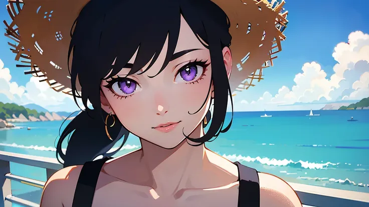 realistic,modern,In front of the station with a view of the ocean in the distance,summer,is a beautiful woman meeting up, thin eyebrows, rich breasts, style, light purple eyes ,Narrow eyes,high definition, black hair ponytail, Straw Hat,white dress,Shoulde...