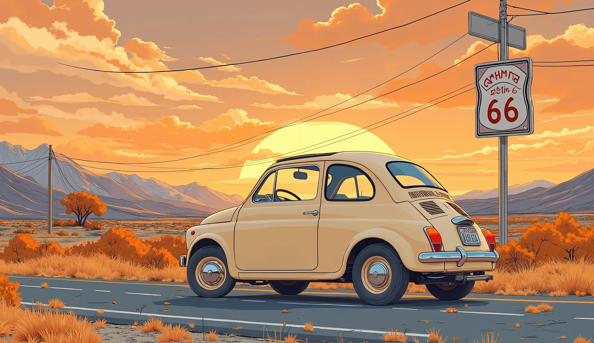 (   masterpiece :1.2,  top quality made of straw),(  very detailed),   anime style,8k,16k,  wallpaper,   cream colored Fiat 500,beautiful sunset gradation,(America),(National Route 66:1.6),(roadside "Route 66" sign:1.6)