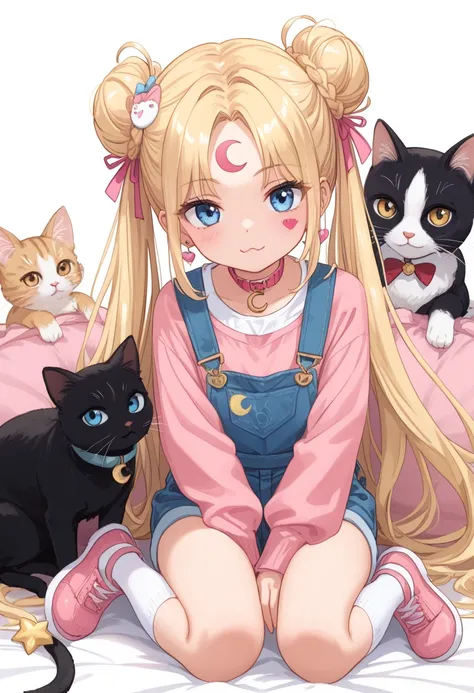 masterpiece,best quality,amazing quality,  tsukino usagi, 1girl, solo, long hair, looking at viewer, blush, blue eyes, shirt, blonde hair, long sleeves, hair ornament, white background, bow, closed mouth, jewelry, very long hair, sitting, twintails, full b...