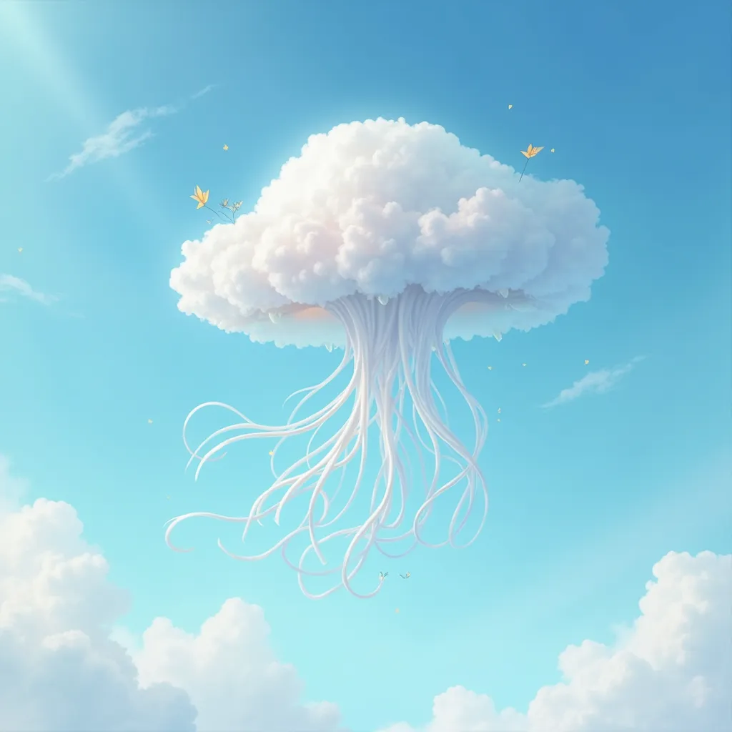 A whimsical sky scene featuring a cloud that resembles a jellyfish, floating gently in the air. The cloud has a translucent, ethereal quality with soft, wispy tendrils. The sky is a brilliant blue with a few wispy strands of cirrus clouds. Sunlight catches...