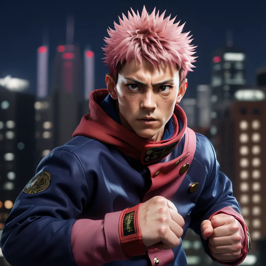 A young male fighter with short, spiky pink hair and sharp brown eyes, wearing a red and navy blue high-collared jacket. He has an athletic build and a determined expression on his face. His fists are clenched, and he looks ready for battle. The background...