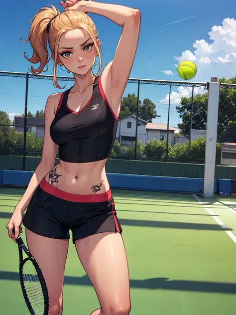 TEENAGE GIRL PLAYING TENNIS ON THE FIELD, tattooed, wearing top, armpits on display, confrontation,  short shorts , barefoot
