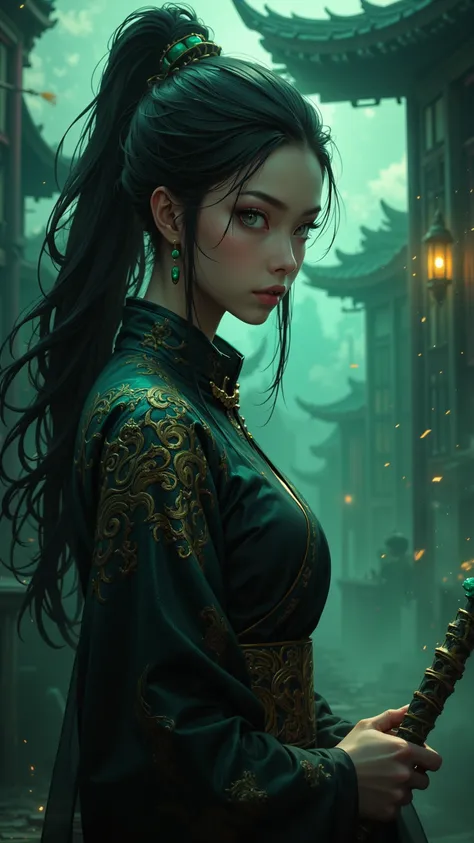 Excellent 8k Resolution Digital Artwork， Premium quality，Surreal，magnificent，Cutting Edge，Attractive portrait of a Chinese witch，Elongated mythical creature in the glow，Shiny hair，Unique landscape，Somewhere in a medium-hazy residence， Wizard Costume ，holdi...