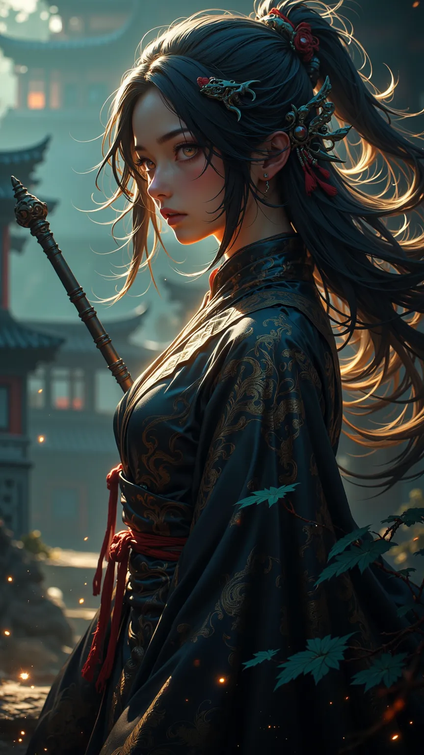 Excellent 8k Resolution Digital Artwork， Premium quality，Surreal，magnificent，Cutting Edge，Attractive portrait of a Chinese witch，Elongated mythical creature in the glow，Shiny hair，Unique landscape，Somewhere in a medium-hazy residence， Wizard Costume ，holdi...