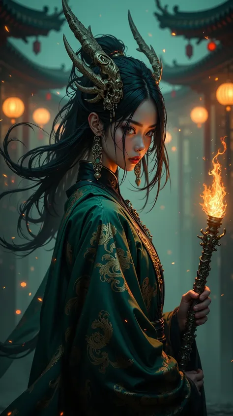 Excellent 8k Resolution Digital Artwork， Premium quality，Surreal，magnificent，Cutting Edge，Attractive portrait of a Chinese witch，Elongated mythical creature in the glow，Shiny hair，Unique landscape，Somewhere in a medium-hazy residence， Wizard Costume ，holdi...