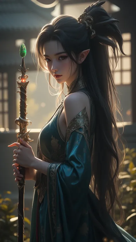 Excellent 8k Resolution Digital Artwork， Premium quality，Surreal，magnificent，Cutting Edge，Attractive portrait of a Chinese witch，Elongated mythical creature in the glow，Shiny hair，Unique landscape，Somewhere in a medium-hazy residence， Wizard Costume ，holdi...