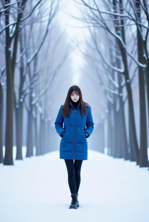 anime girl in blue jacket standing in snow covered area with trees, 4 k manga wallpaper, beautiful anime portrait, digital anime illustration, makoto shinkai art style, makoto shinkai cyril rolando, inspired by Itō Shinsui, anime art wallpaper 4k, anime ar...