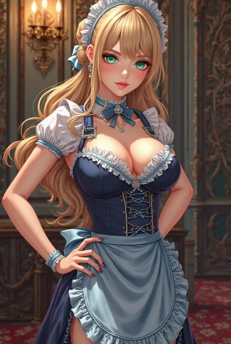 adult female anime character,  with blond hair, emerald green eyes, wearing a maid's outfit,  large breasts , sexy, hair tied in a bun, wearing a blue apron, Victorian style.