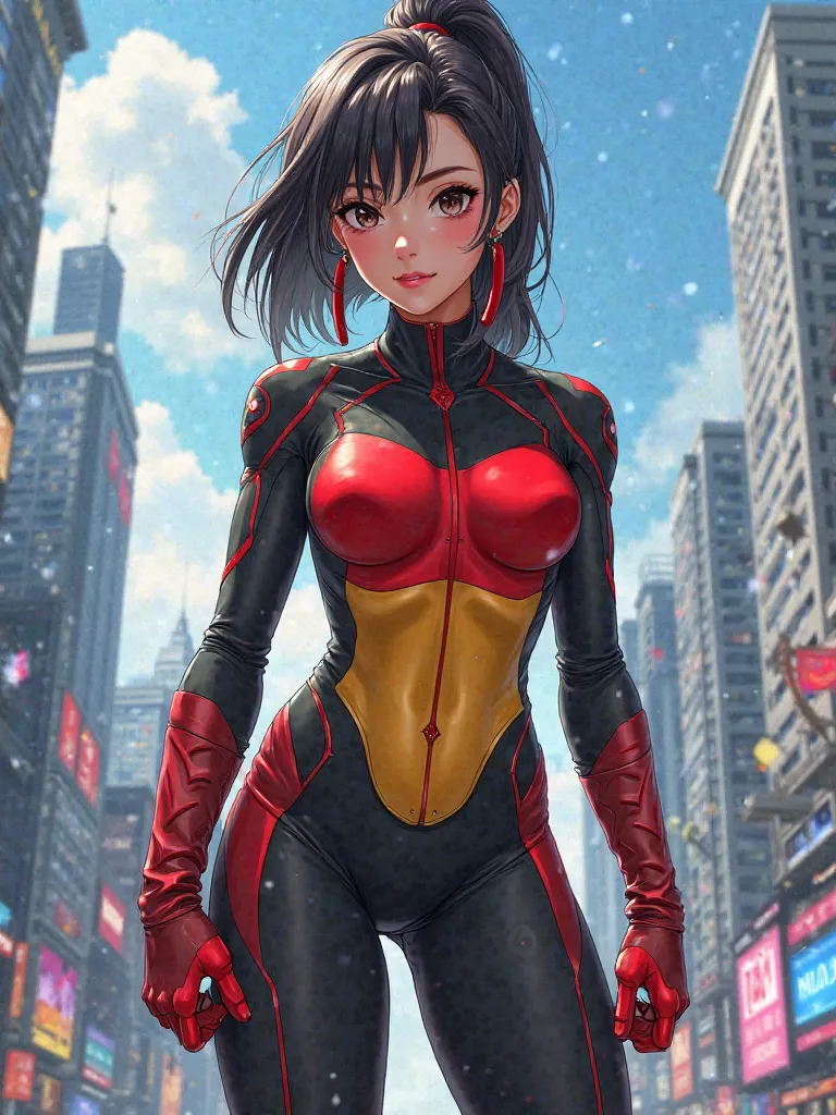 germany국기, superhero, girl, tight bodysuit, anime, pretty face, nice body, city, germany, germany국기가 들어간 타이트 슈트