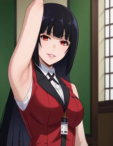 score_9, score_7_up, source_anime, detailed background, (upper body, medium shot:1.4), solo, 1girl, yumeko jabami, 1girl, black hair,red eyes,bangs,lips,blunt bangs,hime cut, school uniform,red jacket,blazer,white shirt,collared shirt,black ribbon, sleevel...