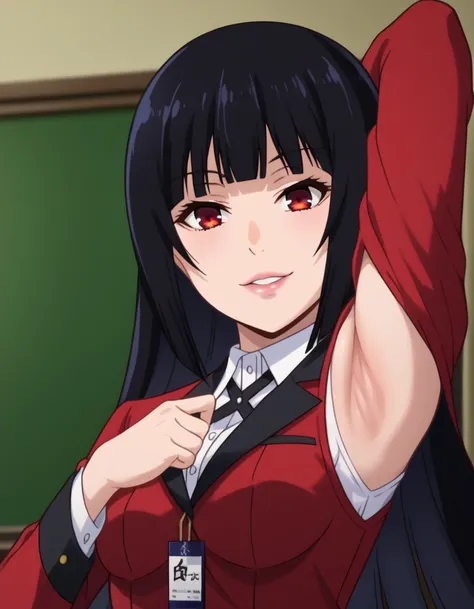 score_9, score_7_up, source_anime, detailed background, (upper body, medium shot:1.4), solo, 1girl, yumeko jabami, 1girl, black hair,red eyes,bangs,lips,blunt bangs,hime cut, school uniform,red jacket,blazer,white shirt,collared shirt,black ribbon, sleevel...