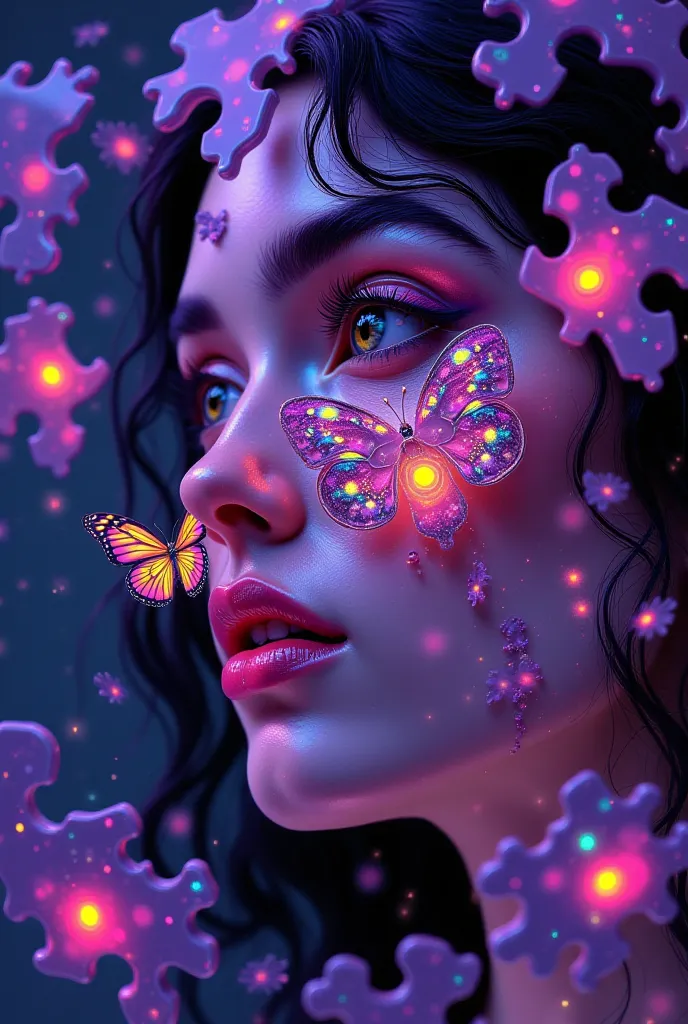 A 3D rendered, photorealistic portrait of a woman's face, fragmented into melting jigsaw puzzle pieces, with a delicate butterfly composed of a single jigsaw puzzle piece perched on the end of her nose, in the style of Ash Thorp's futuristic surrealism, Si...