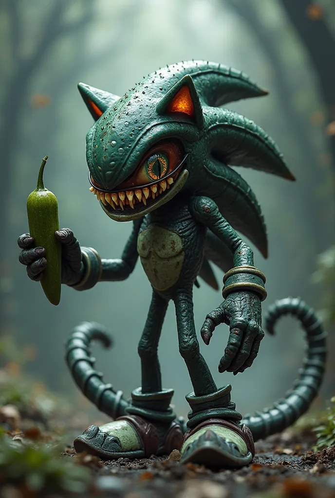 Sonic the hedgehog as a Xenomorph from Aliens holding a gherkin