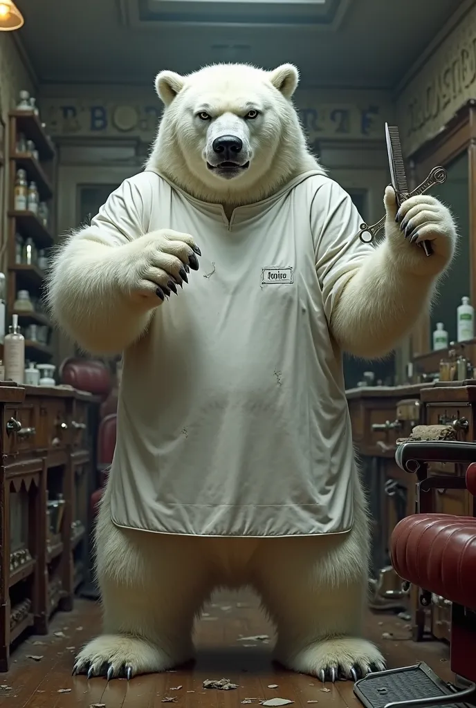 Polar bear standing on two legs aggressive with a comb in one hand and a scissor in the other hand dressed as a barber