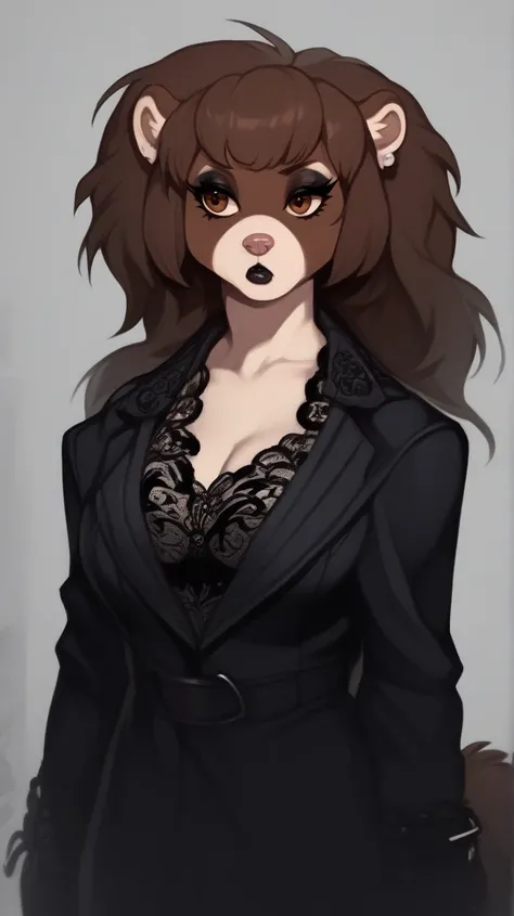 score_9, score_8_ upwards, score_7_ upwards, score_6_ upwards, score_5_ upwards, anthropomorphic furry male ferret,  brown fur , piggy brown body, brown hair, white accents, long hair,  dumb bangs, brown eyes, ferret tail , dawn ears, fully clothed, Breast...