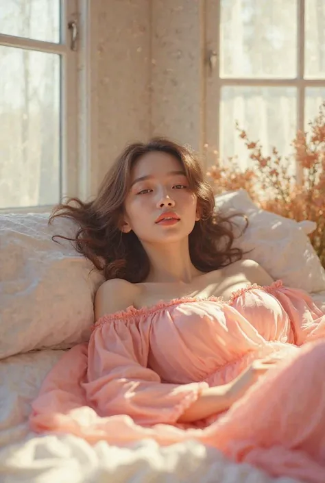 woman on a bed, sunny, pink clothing 