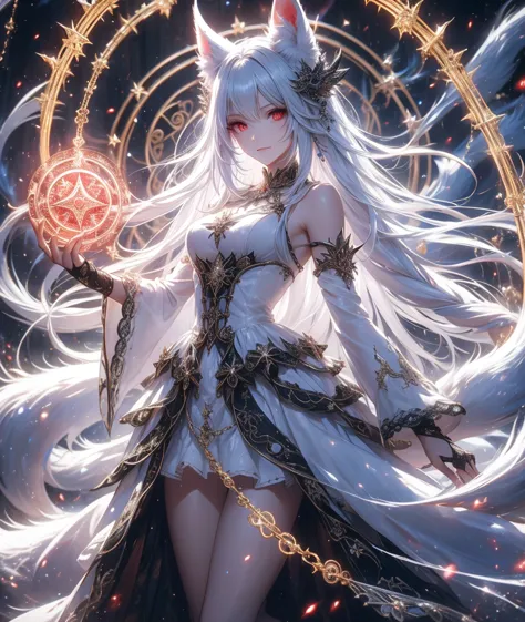 (masterpiece, best quality, high quality, highres, ultra-detailed), realistic,,1 sweet girl, A mystical anime-style character with long, flowing white hair and glowing red eyes, standing within an intricate, glowing blue magic circle adorned with ancient r...