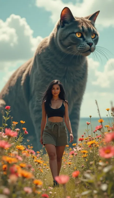  realistic photo, woman 32 years old, straight black hair, bbw, hair dressed in a short skirt and a black top, in a flowery field, And a giant cat in the back. 