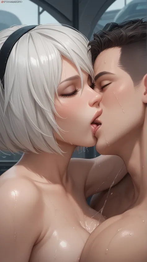 A2 masturbating to 2B by Nier Automata,  kissing, cuerpo esbelto y wet, wet, biting her lips,  with a natural background , in a spaceship