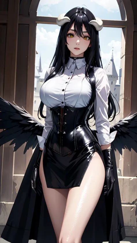  A high resolution ,  masterpiece pixiv , ((intricate details)), hand, 1 girl, dynamic pose, BLACK WINGS,  choker : 1.6, ((Long sleeve white shirt)), (black leather corset), (( shiny black miniskirt )), ( black gloves ), (full body), big breasts,  beautifu...