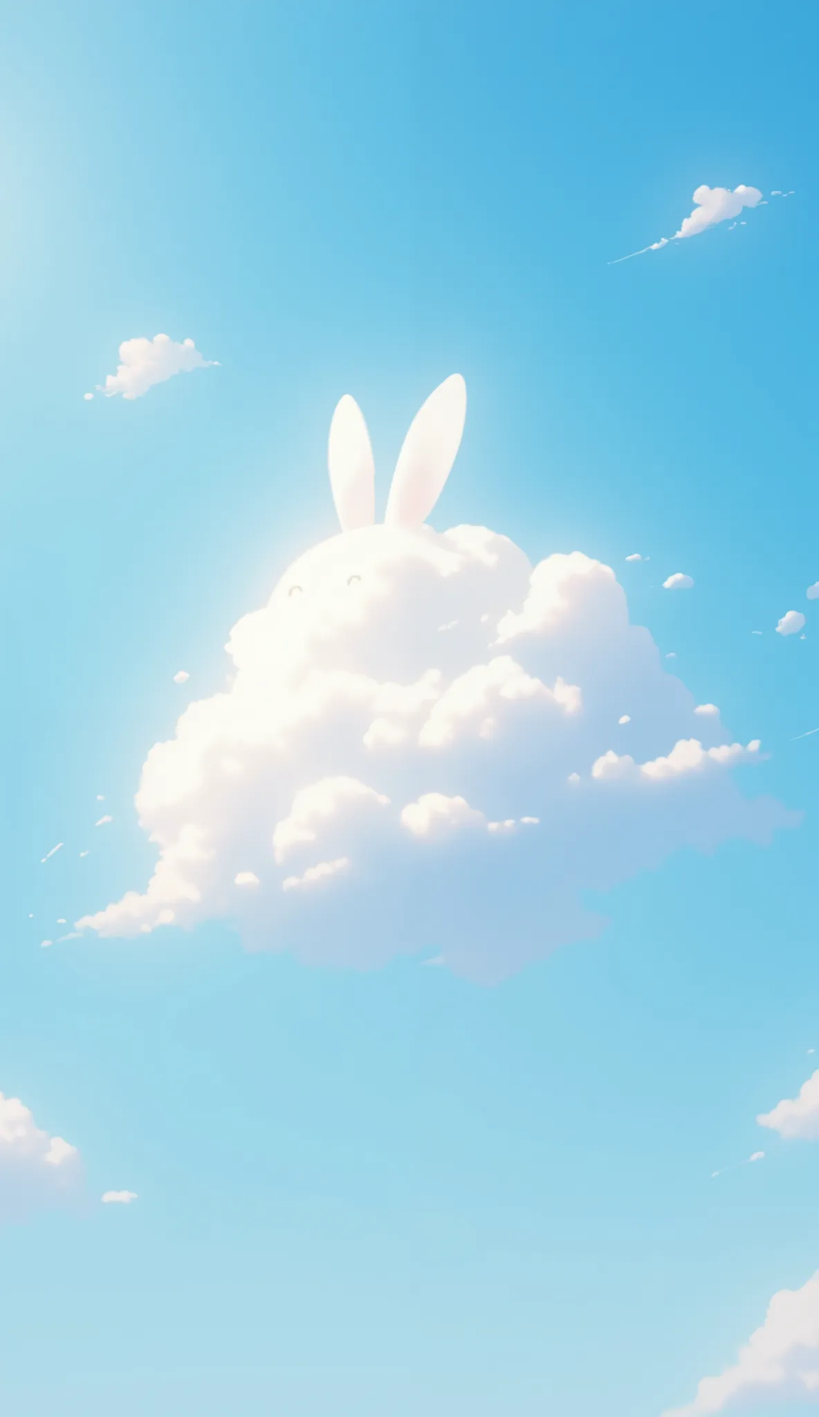 Fluffy White Cloud, Shaped Like a Cute Bunny, Soft and Puffy Texture, Bright Blue Sky, Gentle Sunlight, Wispy Trails, Whimsical and Dreamy Atmosphere, Light and Airy Feel, Playful and Serene Scene, Warm and Cheerful Mood, Minimalist and Peaceful Compositio...