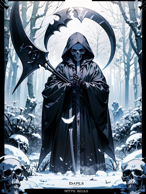 Masterpiece, Absurdres, Hyper detailed, 4k, UHD, (Beautiful:1.1) (Illustrations inspired by tarot cards) Solo, (1Grim Reper) (Whole body is skeletonized) ((((Hands are skeletonized)))) Black hooded robe, ((Holding the Grim Reaper's scythe:1.15)) Snow, (Sno...