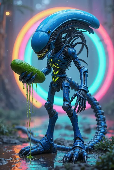 A Xenomorph the color of Sonic the hedgehog holding a pickle dripping acid slime surrounded by glowing rings