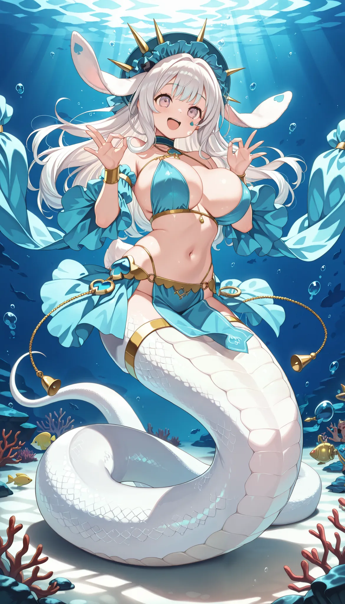 1 Girl, Big Breasts ,malice pawn march hare, rabbit ears, blue spades facial mark, alone, Smile,  open mouth ,dancer costume ,(Underwater:1.2),Full body picture, masterpiece,best quality,amazing quality,is very beautiful,Ridiculous, lamia,white snake girl ...