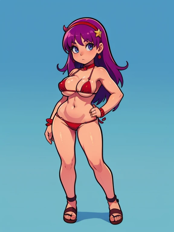 uhd, face detail, (MICRO BIKINI, red bikini), 1girl, white background: 1.5,Athena_Asamiya, long hair, purple hair, sandals, looking at the viewer, (master piece, large breast)