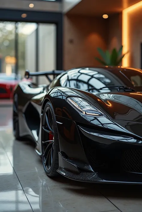 Close side view ferrari sports black 2025 
Park in auto showroom 