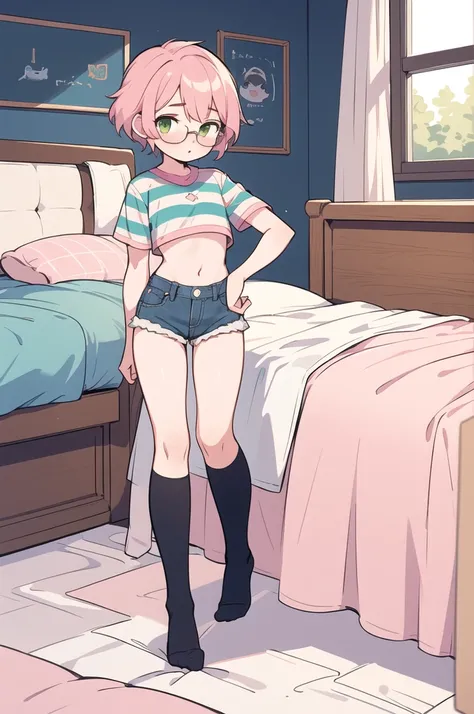 (masterpiece, the best quality),  a boy,  small ,  small hips,  green eyes , pink hair,  crop top, denim shorts,  bedroom, striped stockings,  perverted,  small , glasses, femboy, full body, Desde atrás,