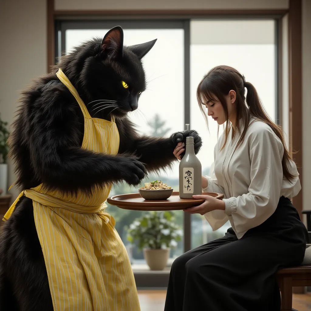 score_9,score_8_up,score_7_up,score_6_up,score_5_up,score_4_up,source_real photo, Ultra-realistic, Photorealistic, Ultra-realistic, photorealistic, dramatic scene, global illumination, In the living room, a huge black cat wearing a yellow striped apron and...