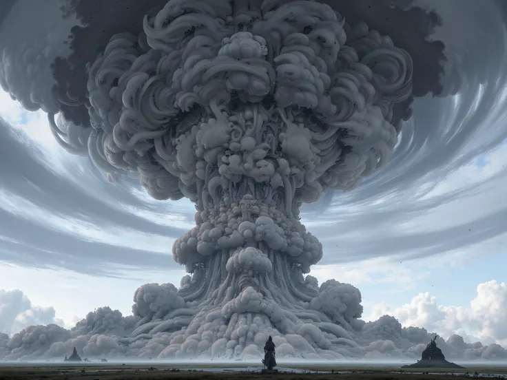 A massive mushroom cloud. No other clouds in sky. A visible shockwave expanding from the explosion site. 