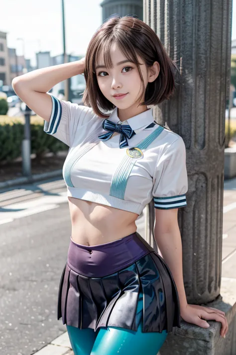 2 girls at school, Walking through school,  (big breast), (knitted white blouse)、(pleated patina micro mini skirt uniform:1.3),bangs,smile, ( thighs) , big breast, video viewers, ( low angle:1.2),(colored leggings with horizontal stripes underneath the mic...