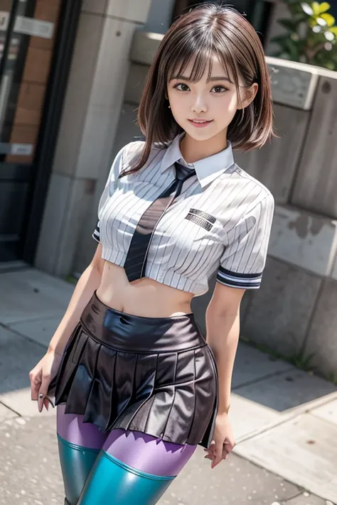 2 girls at school, Walking through school,  (big breast), (knitted white blouse)、(pleated patina micro mini skirt uniform:1.3),bangs,smile, ( thighs) , big breast, video viewers, ( low angle:1.2),(colored leggings with horizontal stripes underneath the mic...