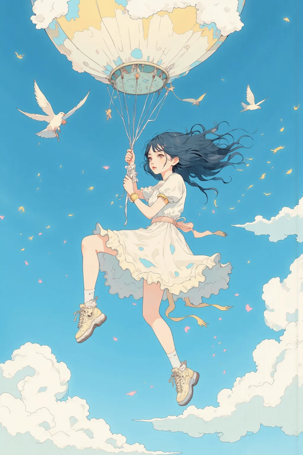 Art of a girl caught up in a cloud balloon and flying in the sky,Draw a cloud balloon, fluffy texture ,The girl is holding on to the string of a cloud balloon、A pose with legs slightly raised, My skirt is fluttering in the wind ,The expression is a mixture...