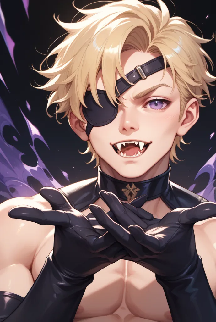 Fair skinned male, black and blonde hair, black eye patch, sharp fangs, bright purple eyes, good quality, perfect hands, black gloves