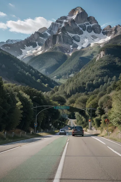 A beautiful highway on the left and right side of the green landscape in front of which there are beautiful mountains