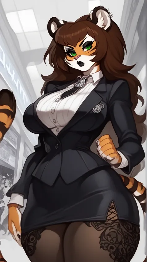 score_9, score_8_ upwards, score_7_ upwards, score_6_ upwards, score_5_ upwards, anthropomorphic furry female tiger,  Brown hair, white accents, long hair,  dumb bangs, green eyes, tiger tail , tiger ears,  fully clothed , (big breasts: 1.2), (Wide hips: 1...