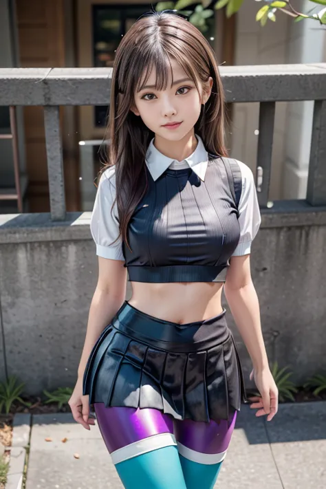 2 girls at school, Walking through school,  (big breast), (knitted white blouse)、(pleated patina micro mini skirt uniform:1.3),bangs,smile, ( thighs) , big breast, video viewers, ( low angle:1.2),(colored leggings with horizontal stripes underneath the mic...