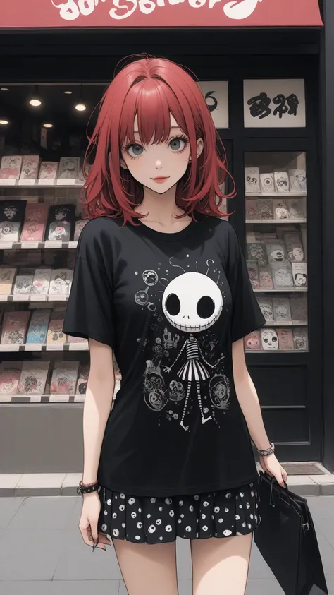 Tim Burton Style、 printed t-shirt 、miniskirt、In front of the store、