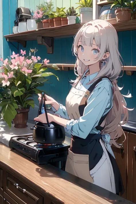 (from below:1.2),((1girl, silver hair, long hair, qutel blue eyes, beautiful eyes, pretty smile:1.5, ), coloring watercolor digital pencil ,Cherry blossoms falling,an animated painting of a woman in an apron standing at a coffee maker, 1girl, brown hair, s...